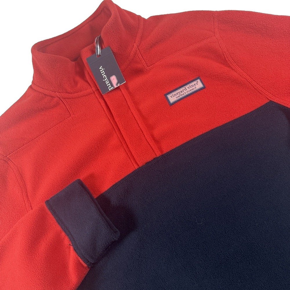 Vineyard Vines Harbor Fleece Shep Shirt Mens Small Red Navy Colorblock Mock Neck
